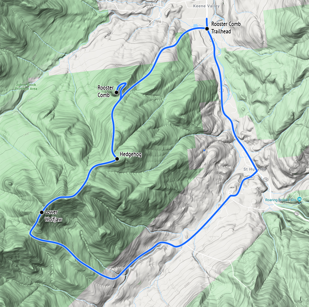 Lower Wolfjaw via Rooster Comb, made into a loop via AMR land and a road walk along Route 73 back to Keene Valley.