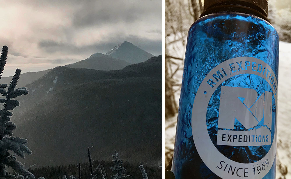 Left: a snowy Haystack, seen from Tabletop Mountain. Right: my water bottle had begun to freeze.