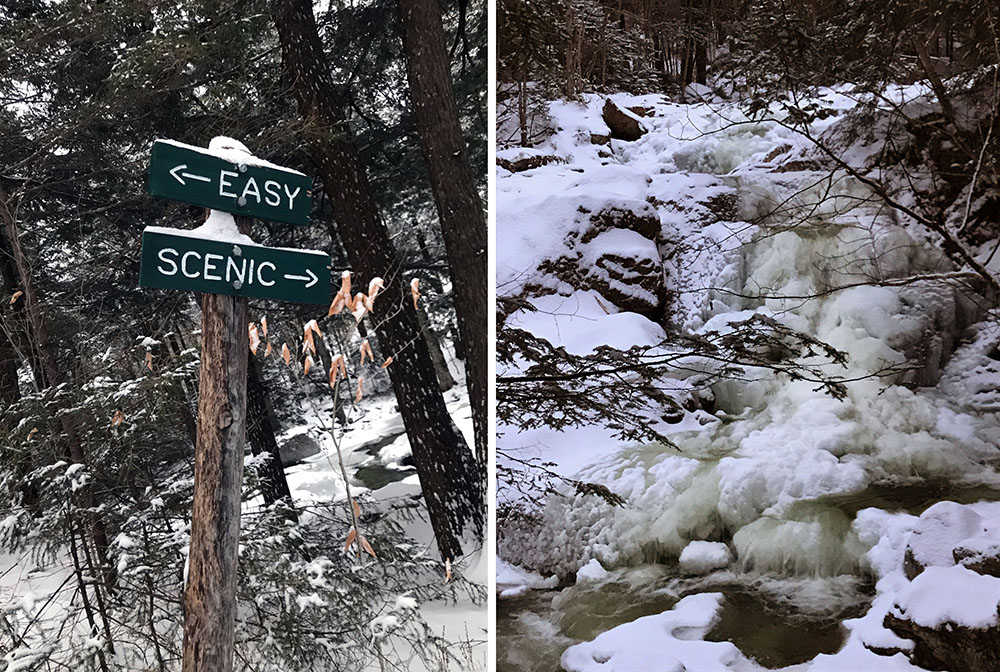 Icy waterfalls and "scenic bypasses" along the Gil Brook trail. The forest grew dark after a successful adventure atop Dial and Nippletop.