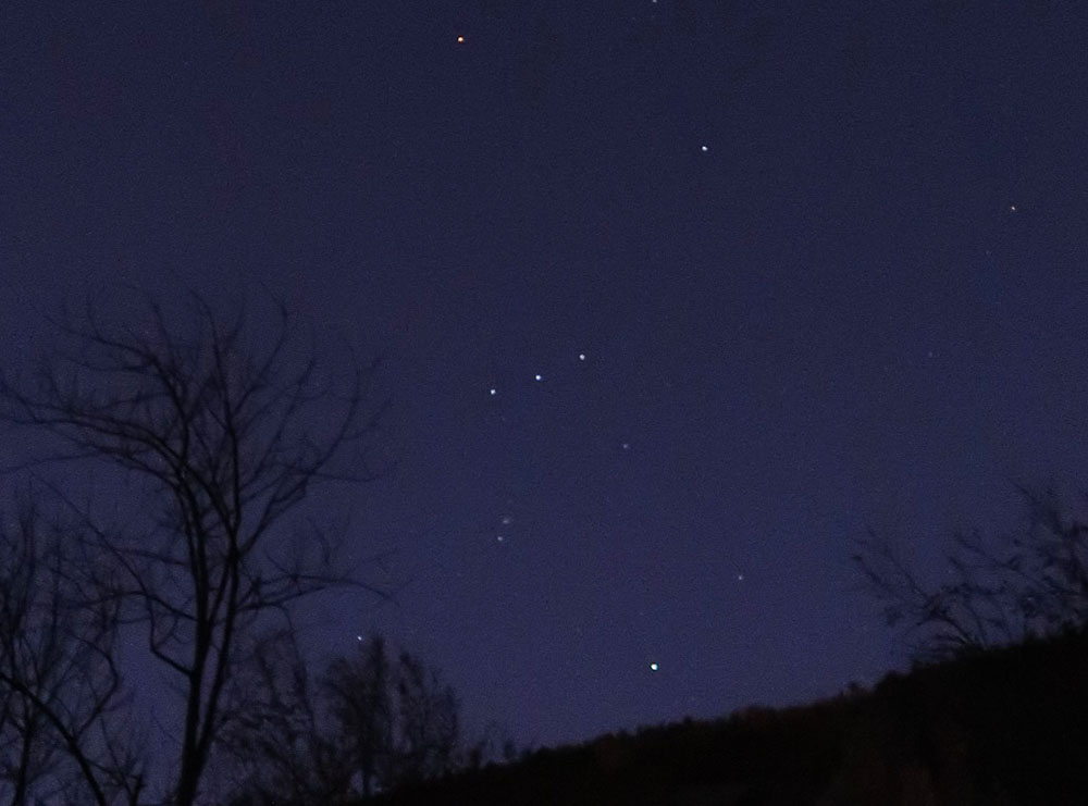 Orion appears just over the ridgeline behind Chapel Pond as I park to head up Giant and Rocky Peak Ridge via the Ridge Trail.