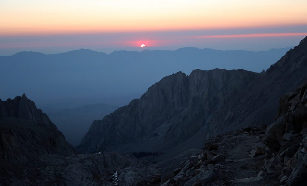 Sunrise over the White Mountains, as seen from a ways up the "96 Switchbacks" en route to Mount Whitney.