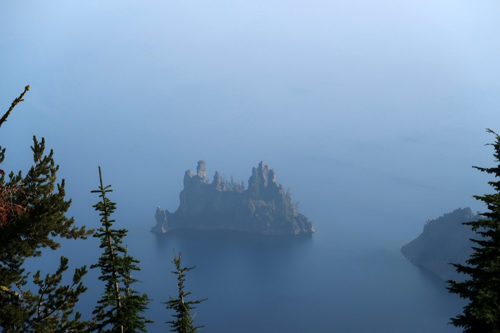 Phantom Ship seen from the Sun Notch Trail at Crater Lake National Park.