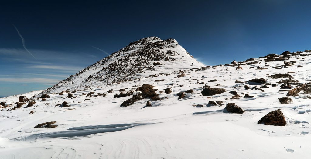 Mount Bierstadt's cuspy summit as seen from the ridgeline near 13,750'.