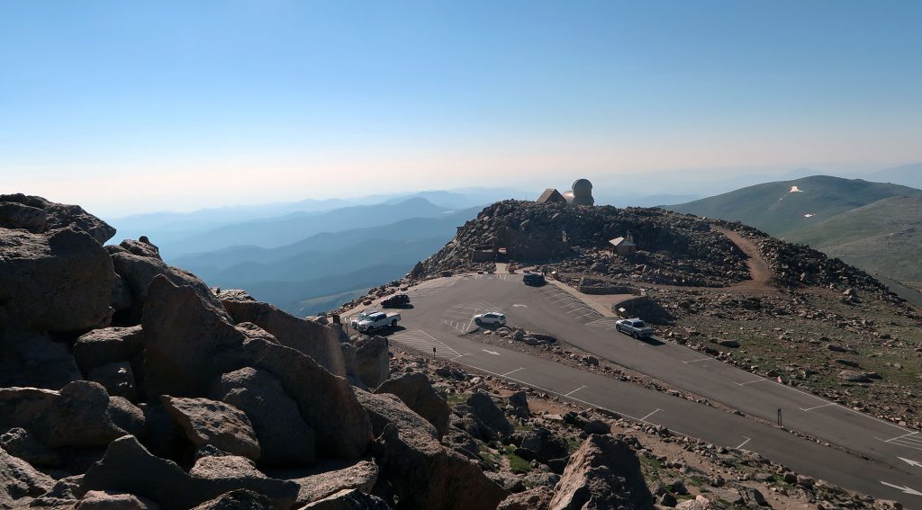Mount Evan's summit complex seen from near the true summit.