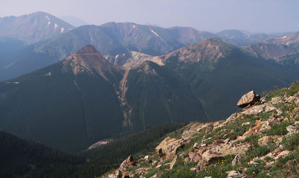Views across the valley from Henderson Mine, with peaks shaped by excavation activity.