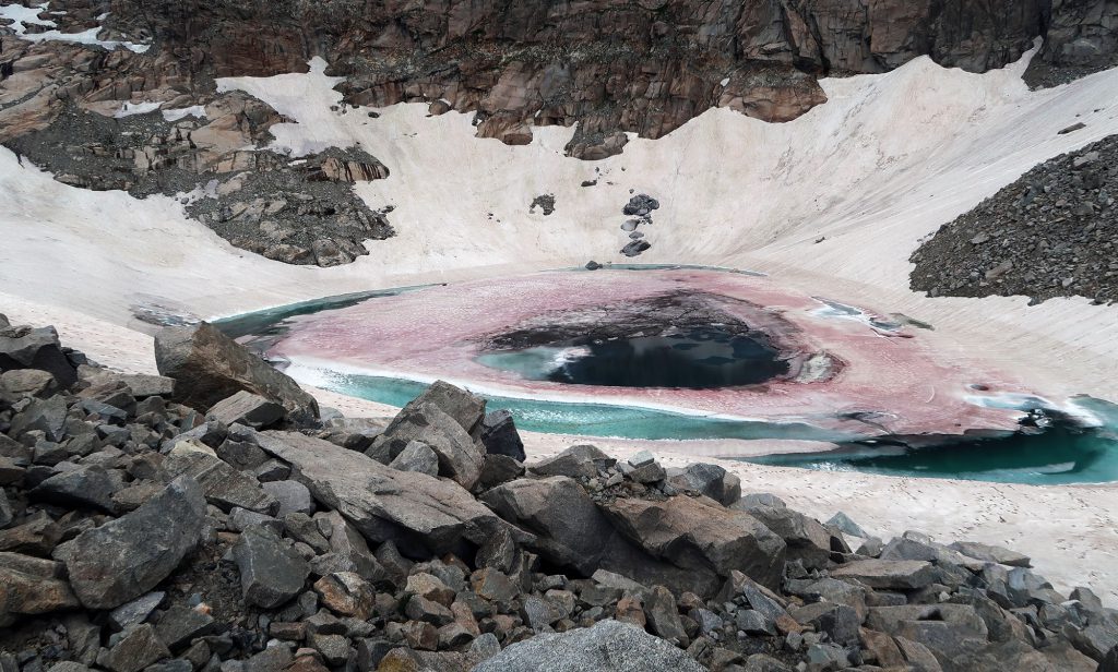 Deep blue waters and "glacier blood" on the lower portions of the Isabelle Glacier.