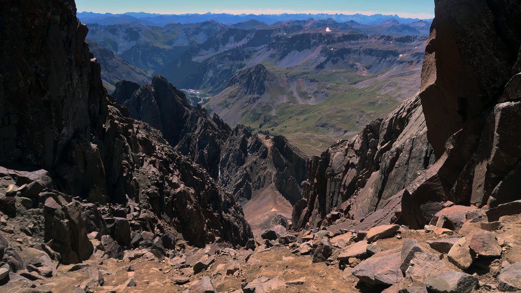 Looking down the steep gulley near Mount Sneffels' summit.