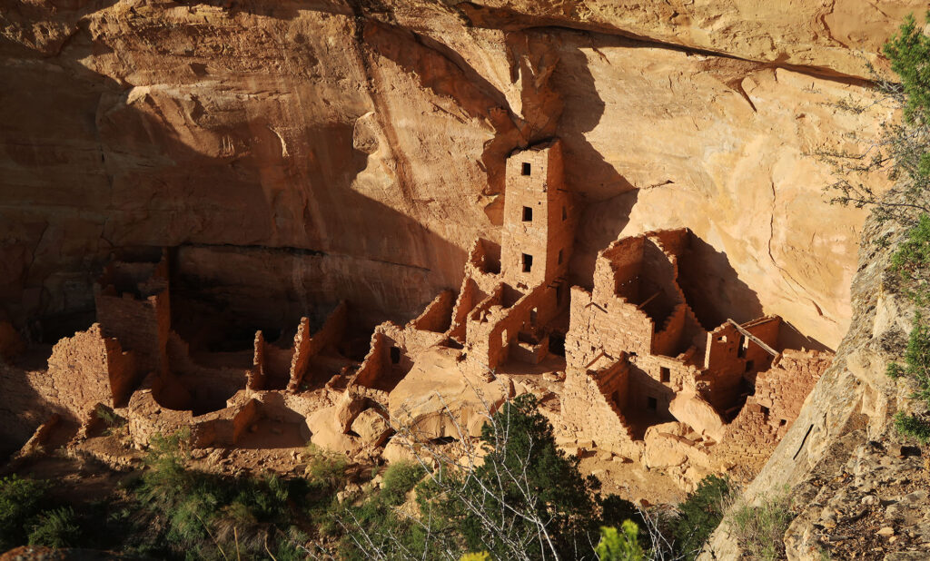 Square Tower House, seen from near Mesa Verde's park road at sunset.
