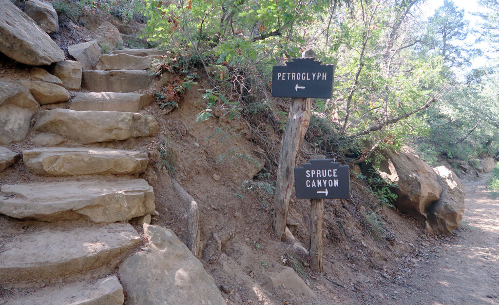 Trail signs and stone steps along the Petroglyph Point Trail in Mesa Verde NP.