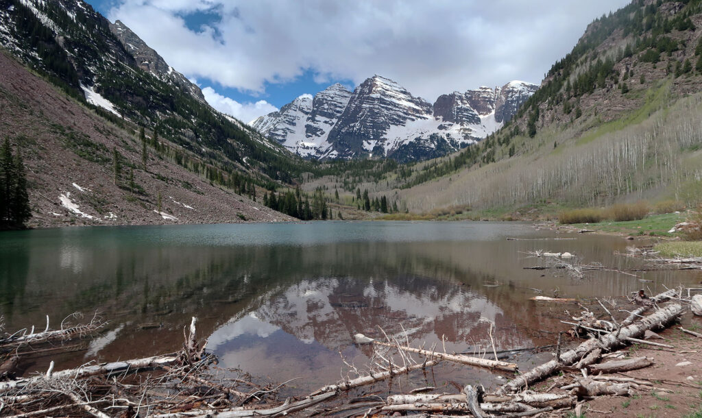 The Maroon Bells, Colorado's most-photographed peaks, seen from Maroon Lake.